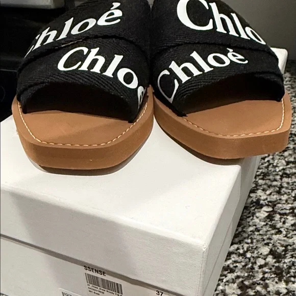 Chloé Black Canvas Logo Slide Sandals with Tan Footbed - Picture 7 of 8